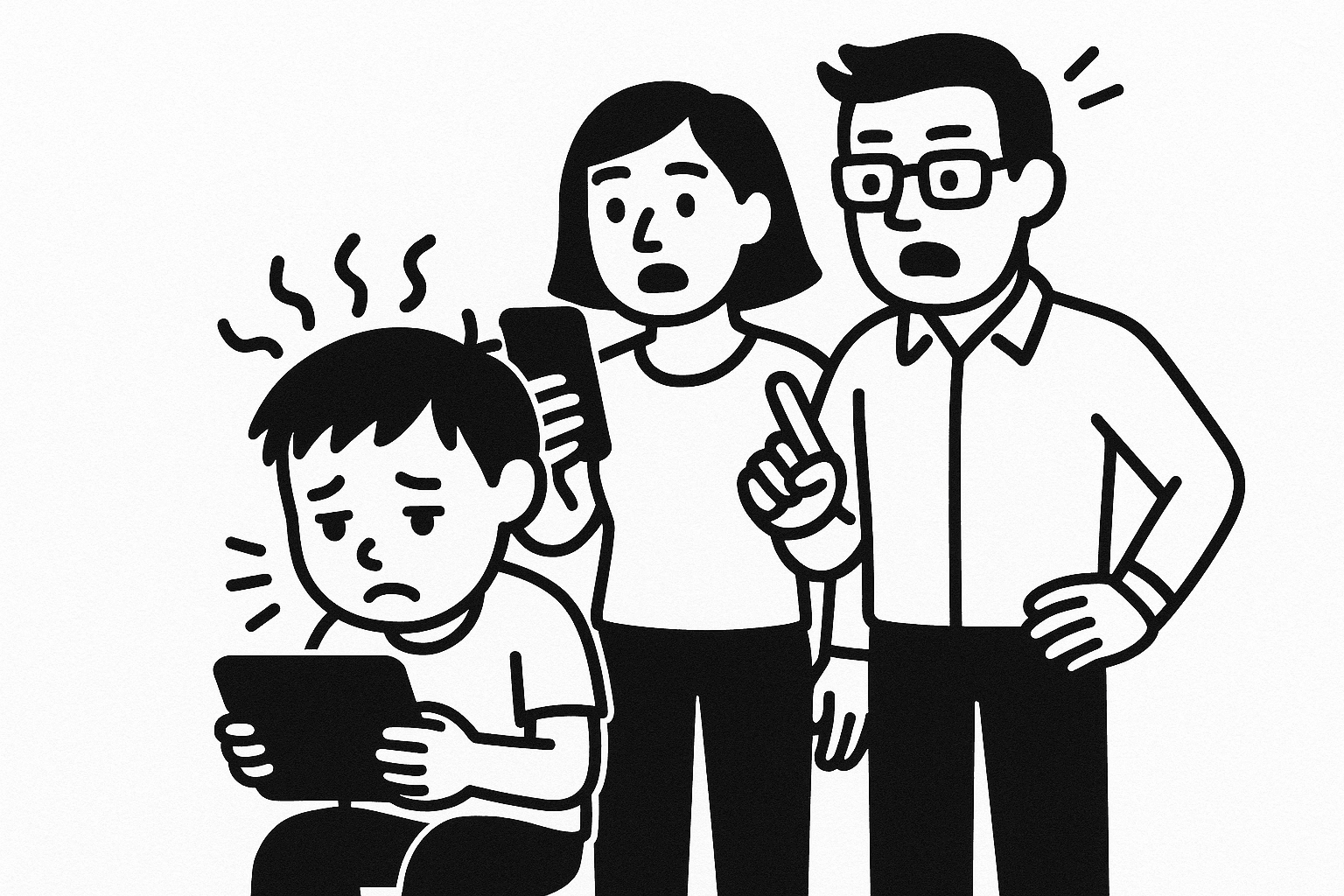 A graphic of a young child being disciplined while playing on a device